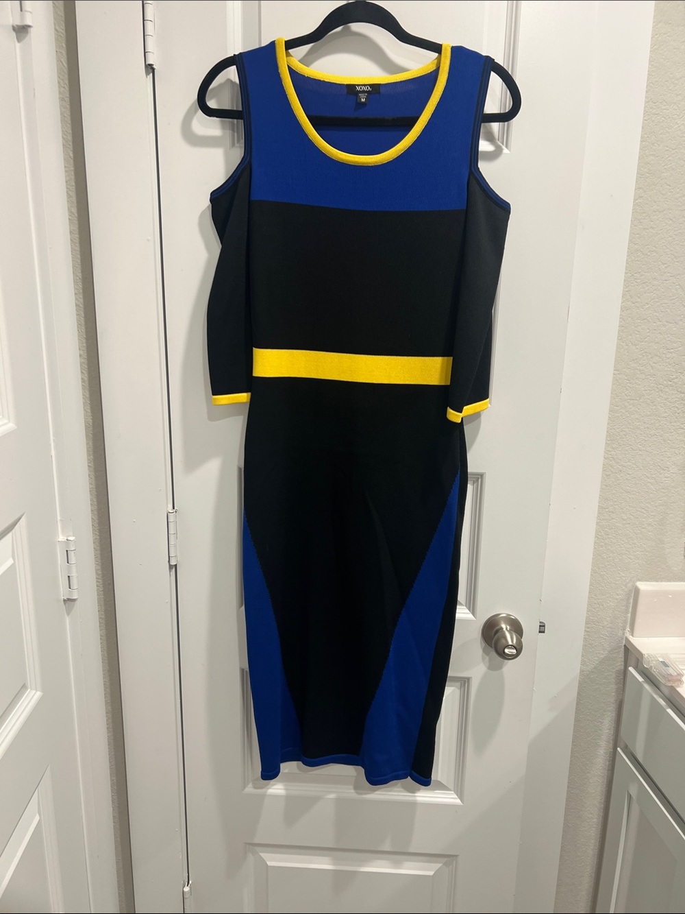 XOXO Blue, Black & Yellow Cold-Shoulder Midi Dress